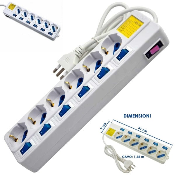 MULTIPRESA 6 POSTI SCHUKO BIPASS 10-16A CON 7 INTERRUTTORI PROTEZIONE BAMBINI