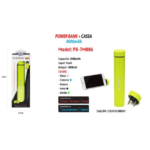 POWER BANK PORTATILE PER SMARTPHONE USB ALTOPARLANTE 4000MAH BATTERIA EMERGENZA