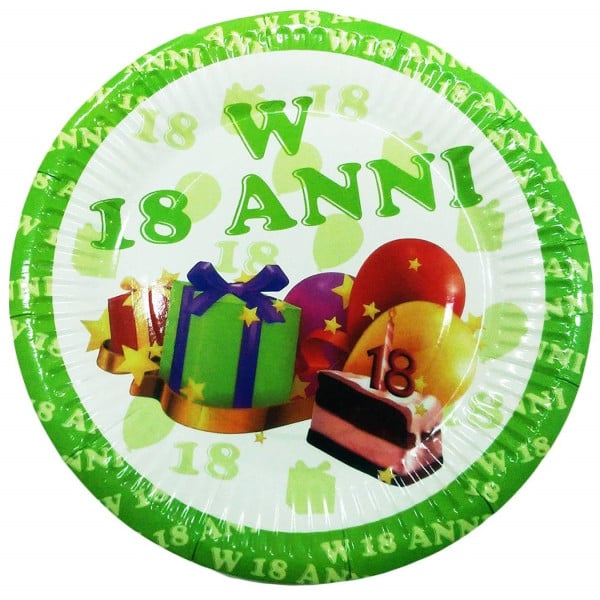 SET 18 PEZZI PIATTI USA E GETTA 18CM FESTE 18 ANNI BIANCO VERDE COMPLEANNO