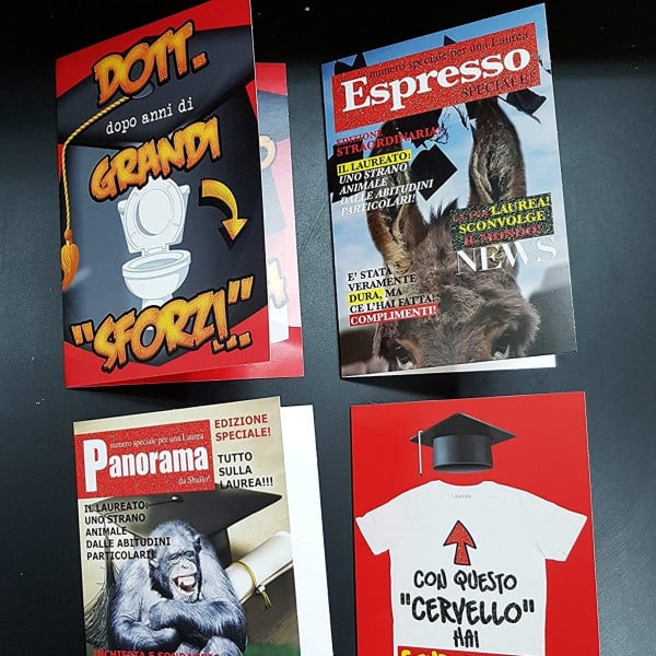 SET 2 PEZZI BIGLIETTI BIGLIETTO LAUREA DIVERTENTI SPIRITOSI CONGRATULAZIONI
