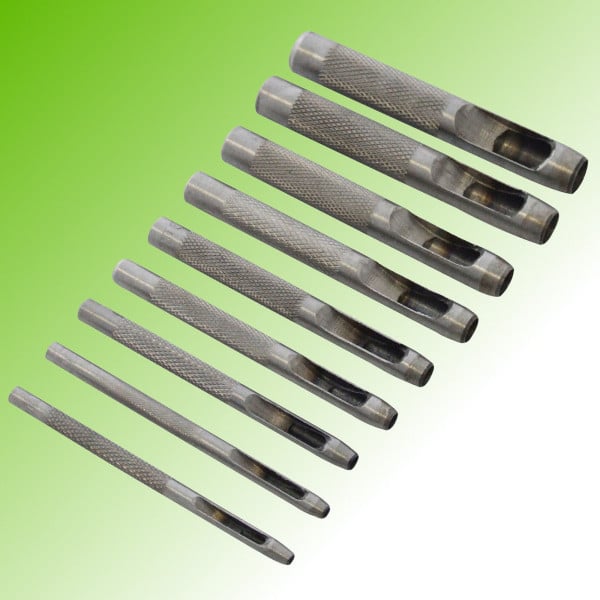 FUSTELLE IN ACCIAIO SET 9 PZ PER CUOIO LAMIERE STOFFA PLASTICA LEGNO PUNZONI