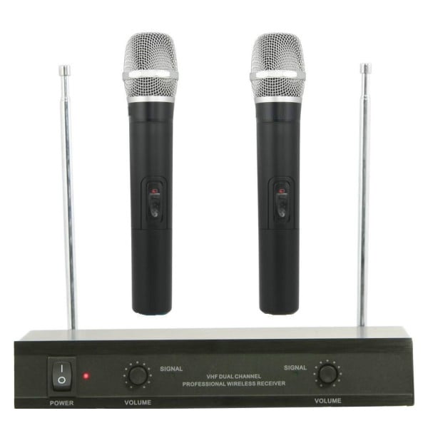 KIT COPPIA MICROFONI PROFESSIONALI WIRELESS CON CENTRALINA VHF BICANALI VHF200