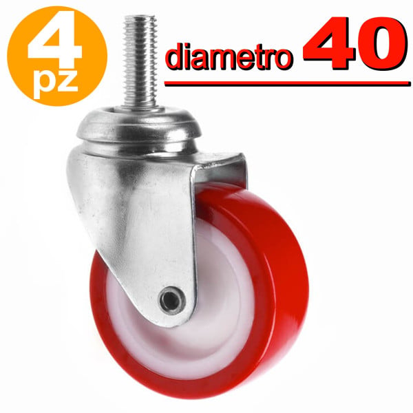 4 RUOTE IN GOMMA RICAMBIO PER CARRELLO MOBILI CON PERNO GIREVOLE ROSSO 40MM 4CM