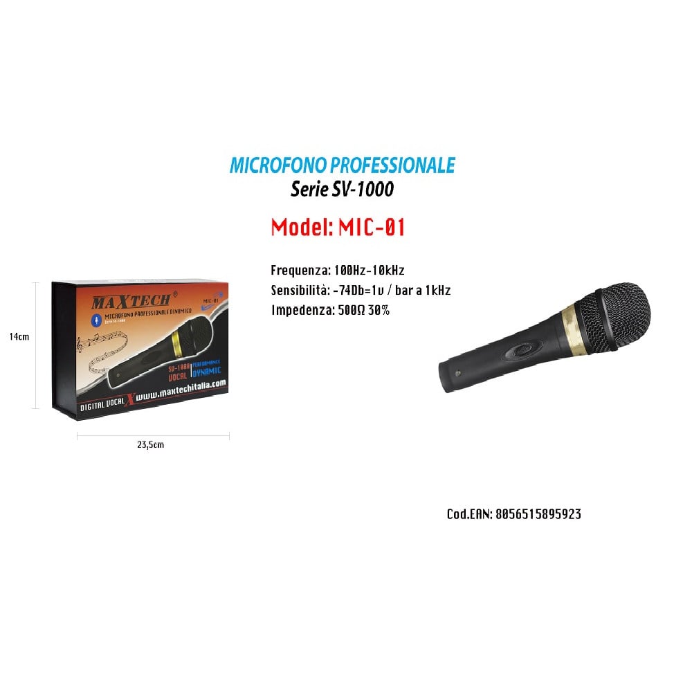 MICROFONO CON CAVO DINAMICO 3.2 MT XLR-JACK ON/OFF MIC-01 FM-868