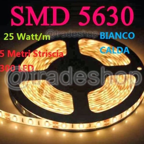 BOBINA STRISCIA 300 LED 5630 IMPERMEABILE 5 METRI 12V LUCE BIANCO FREDDO CALDO
