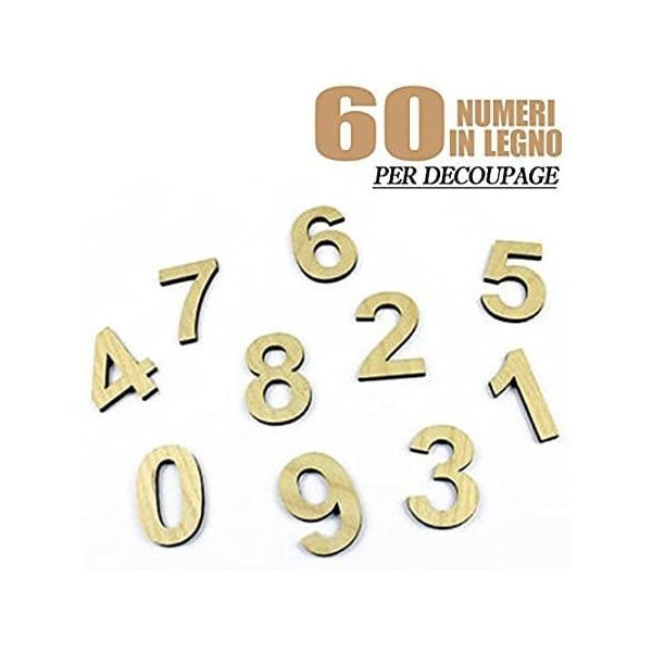 NUMERI IN LEGNO 60 PEZZI DECOUPAGE LAVORETTI SCUOLA 3CM SPESSORE 1MM DECORAZIONI