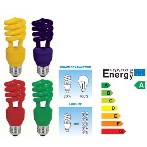 LAMPADINA RISPARMIO ENERGETICO COLORATA 13W BLU ROSSA GIALLA VERDE ANTIZANZARE